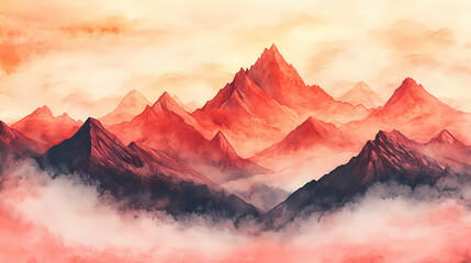 Poster - Crimson peaks: a breathtaking watercolor painting of majestic mountain peaks piercing through a misty, ethereal sky, bathed in warm, crimson hues. Crimson Mountain. Illustration