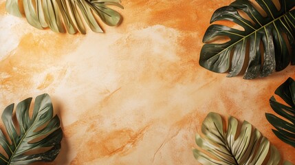 Poster - Tropical monstera leaves creating a frame on orange textured background