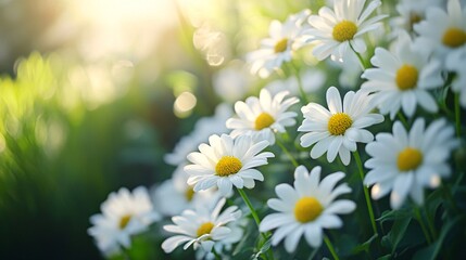 Sticker - Beautiful white daisies blooming in summer meadow at sunset