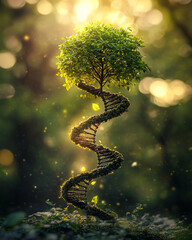 Poster - Unique tree spirals upward like DNA helix under warm sunlight in a lush forest setting