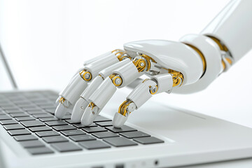 Poster - Robotic hand interacting with laptop keyboard in a modern workspace setting