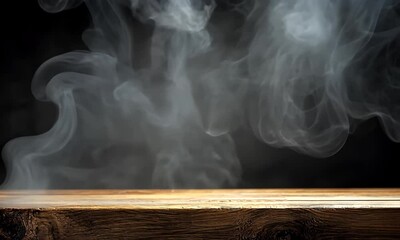 Wall Mural - Ethereal wisps of smoke rising above a rustic wooden surface, creating a dramatic atmosphere against a dark backdrop