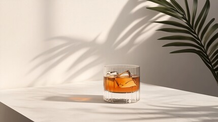 Poster - Glass of whisky with ice cubes on table under palm leaf shadow