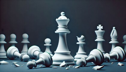 Wall Mural - White chess king standing victorious over fallen opponent on a dark background