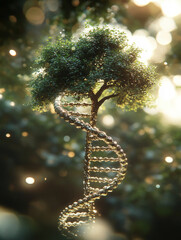 Poster - Tree with DNA spiral representation symbolizes the connection between nature and genetics in a serene setting