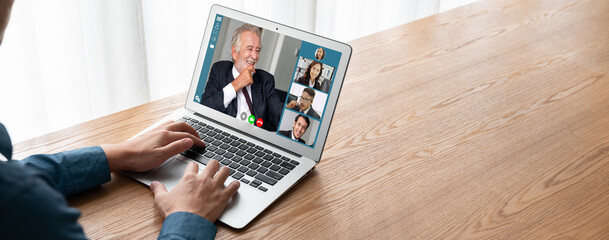 Poster - business people on video conference for modish virtual group meeting of corprate business office wor