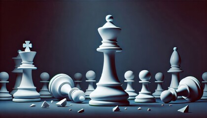 Wall Mural - White chess king standing victorious over fallen opponent on a dark background