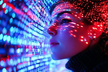 Poster - Abstract Colorful Portrait Neon Lights Red Blue Woman Face Digital Art Futuristic Style Modern Technology Background Design Graphic Image Bokeh Lights dark girl