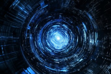 Poster - Abstract Blue Digital Tunnel Technology Background Futuristic Design Modern Art Graphic Circular Pattern Bright Light Rays Neon Glowing Energy Speed Vortex data
