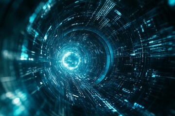 Poster - Abstract Digital Tunnel Technology Background Futuristic Data Stream Bright Neon Blue Glow Lines Speed Network Modern Design Graphic Art Illustration web code  
