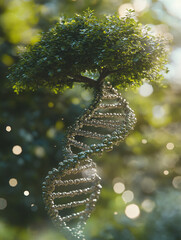 Poster - Tree structure seamlessly blends with a DNA double helix in a vibrant natural setting during daylight hours