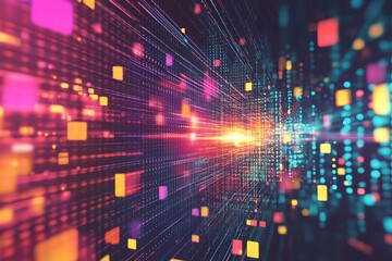 Poster - Abstract Digital Data Stream Colorful Vibrant Technology Background Futuristic Network Graphic Design Illustration Modern Art Pixelated Shiny Neon Lights fi red