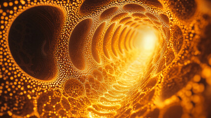 Poster - Intricate patterns of glowing bubbles form a tunnel of light in a vibrant, abstract scene