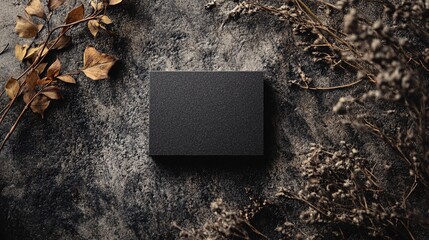 Poster - Black business card mockup lying on dark grunge background with dried plants