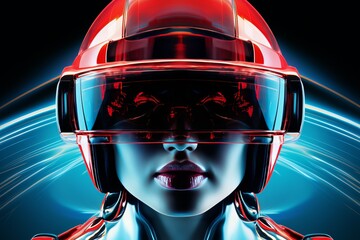 Poster - Futuristic figure with glowing visor showcases the blend of technology and art. Generative AI