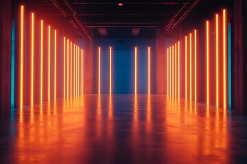 Poster - Abstract Neon Light Corridor Digital Art Background Orange Blue Glowing Lines Modern Futuristic Interior Design Studio Lighting Empty Space Room Wall 3D Dark   