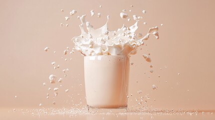 Poster - Milk splashing out of glass on beige background