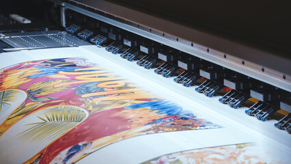Poster - Industrial printing on woven material; modern digital inkjet printer puts a blue pattern picture on a cloth canvas