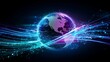 © Роберт Гастон - Glowing Earth at the Center of a Digital Connectivity Theme Radiating Vibrant Energy Lines in White, Cyan, and Violet With a Dark Backdrop Enhanced by Scattered Luminous Particles and Gradients Repres