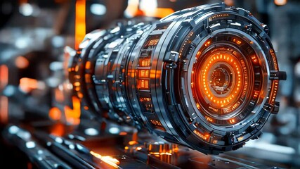 Poster - A futuristic, glowing metal cylinder with intricate mechanical details and orange lights, showcasing advanced technology