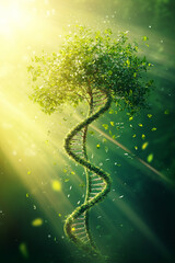Aufkleber - Tree spiraling in the air with a DNA structure and sunlight illuminating the vibrant green leaves