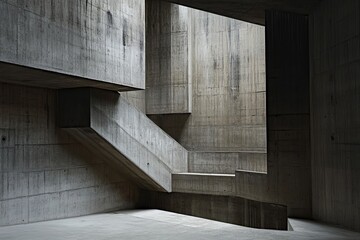 Poster - Abstract Concrete Architecture Modern Building Interior Design Grey Scale Minimalist Geometric Shapes Structure Background Grey Walls Ramp Shadows Light        