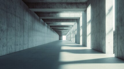 Fototapete - Empty concrete corridor with pillars and sunlight illuminating the floor