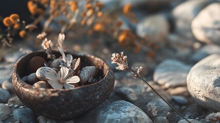 Poster - Wooden bowl holding pebbles and flowers resting on river stones