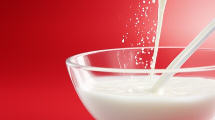 Poster - Milk pours gracefully into a glass bowl against a vibrant red backdrop. Generative AI
