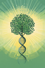 Poster - Tree of life design showcasing DNA helix with vibrant green hues and radiant background
