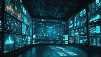 Aufkleber - Futuristic Room Filled With Data Screens Displaying Complex Information