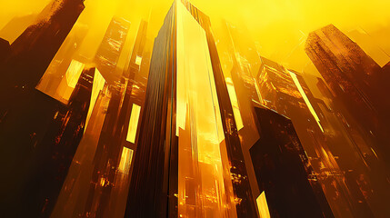 Wall Mural - Golden rays of morning light illuminate obsidian skyscraper, reflecting warm glow against urban skyline, creating stunning architectural view. Obsidian Tower. Illustration