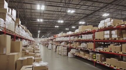 Poster - Cardboard boxes stacked high in a large warehouse
