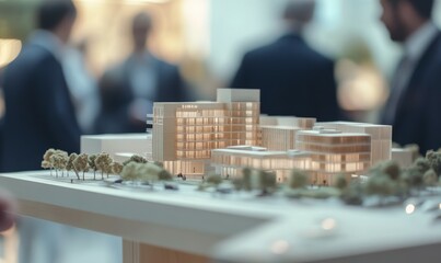 A model of an urban development with multiple buildings on a table. People in suits around it looking at it intently with a blurred background and depth of field