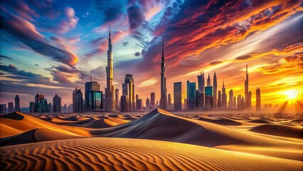 Wall Mural - Surreal Dubai Skyline: Futuristic Architecture Meets Desert Dreamscape