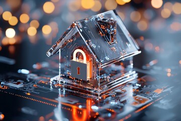 Poster - Digital Home Security Concept with Transparent House and Lock Symbolizing Protection and Safety