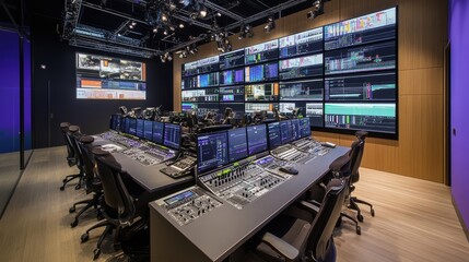 Poster - Modern Broadcast Control Room With Multiple Monitors And Equipment