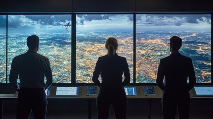 Poster - Professionals Observe Night Cityscape and Airplane Flight