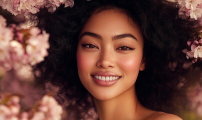 Wall Mural - A closeup portrait of asian woman with natural hair and flawless makeup smiling in front of blooming sakura flowers at spring.