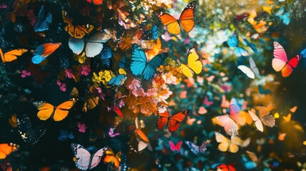Poster - Colorful Butterflies Surrounding Vibrant Flowers In A Garden