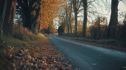 Poster - Autumnal Road Scene With Fallen Leaves And Trees