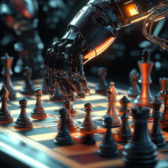 Aufkleber - Robot arm moves chess piece on a futuristic board in a high-tech setting