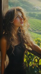 Wall Mural - Breathtaking woman leaning on a balcony overlooking rolling vineyards, sunlight streaming through her soft curls, oil-textured atmosphere