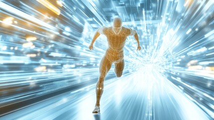 Poster - Wireframe Human Running Through Futuristic Digital Tunnel