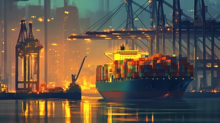 Poster - Container Ship Docked at Night in Busy Port City