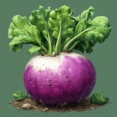 Wall Mural - Fresh Purple Top Turnip with Vibrant Green Leaves Emanating from a Central Bulbous Root Set Against a Simple Background Highlighting Natural Textures