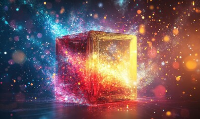 Wall Mural - a transparent, colorful cube dissolves into vibrant particles and light, creating a dynamic and visu