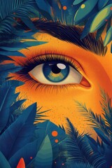 Poster - Vibrant and Artistic Representation of a Human Eye Amidst Lush Tropical Foliage with Blue and Green Leaves Accentuated by Warm Orange Hues