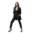 © 3DLeonardo - A young Caucasian businesswoman in a black pantsuit poses confidently against a white background.