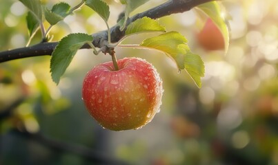 Red apple with dew, hanging on tree branch, sunlight.